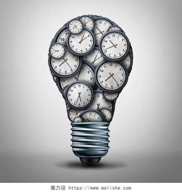 白色背景下多个钟表组成灯泡简约商务办公配图时钟时间的业务解决方案